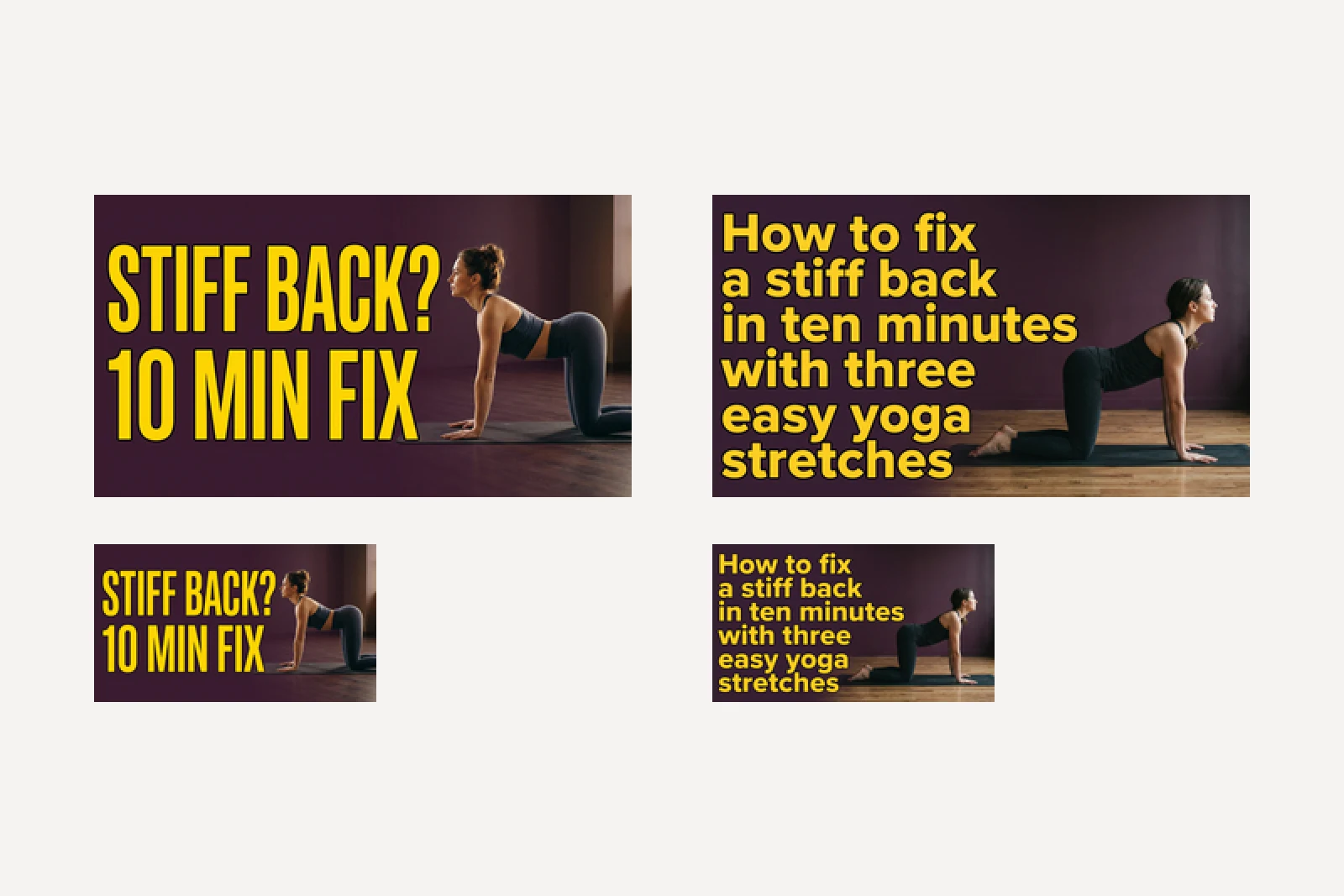 Two generated yoga thumbnails shown small, at 320 and at 168 pixels wide: on the left STIFF BACK? 10 MIN FIX, on the right a six line sentence about fixing a stiff back in ten minutes