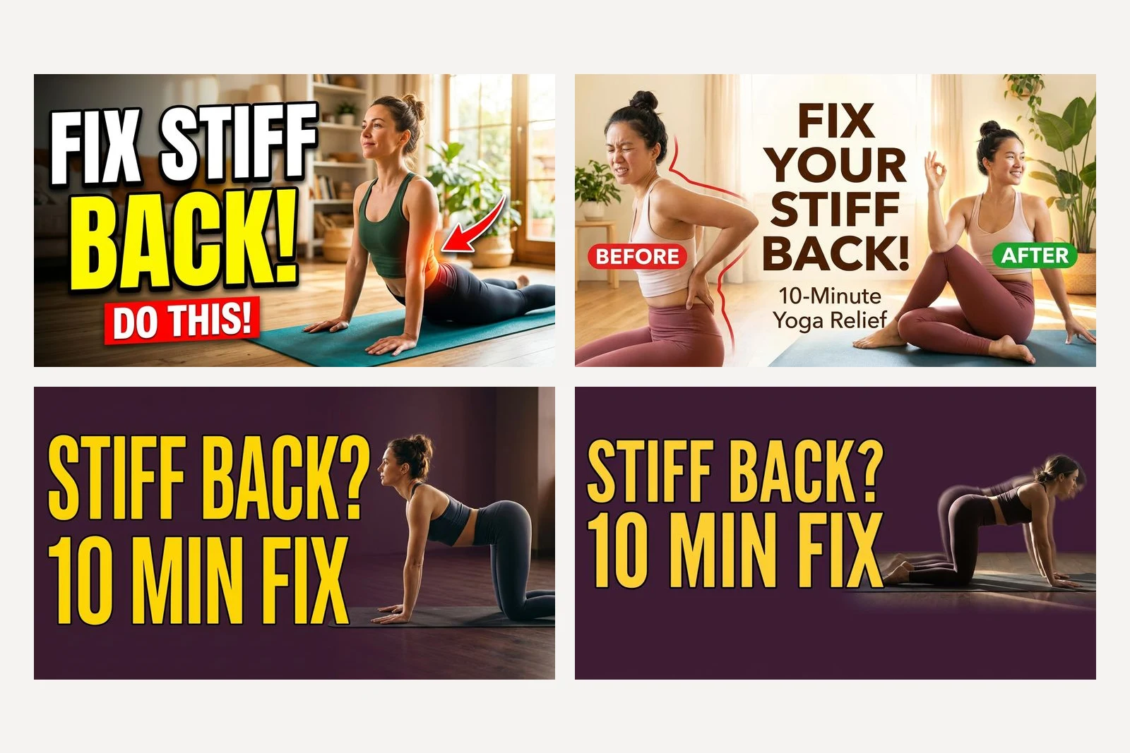 Four generated yoga thumbnails. Top row, from a one-line prompt: FIX STIFF BACK DO THIS with a red arrow, and FIX YOUR STIFF BACK with before and after photos. Bottom row, from the full brief: STIFF BACK? 10 MIN FIX in yellow on deep plum, beside a woman on a yoga mat