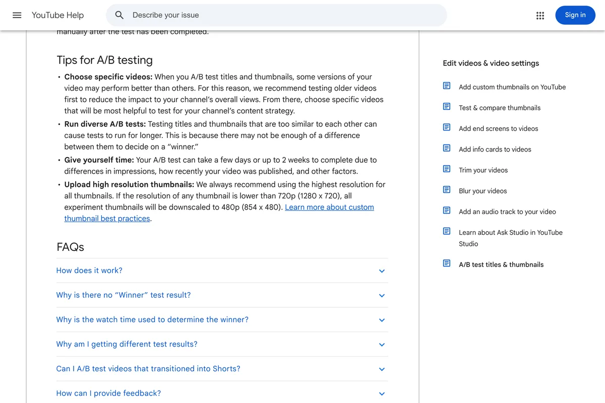 YouTube's A/B test help page, tips section: run diverse tests because similar thumbnails make tests run longer, and if any thumbnail is lower than 720p all experiment thumbnails are downscaled to 480p