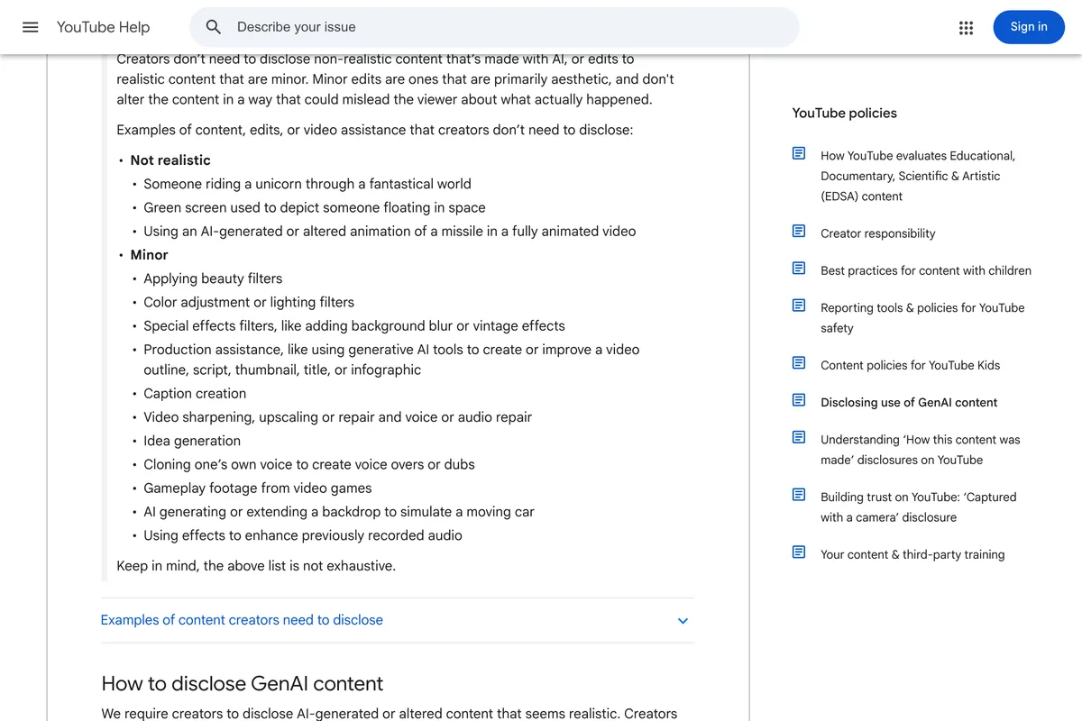 YouTube's Disclosing use of GenAI content help page, listing examples creators don't need to disclose, including production assistance like using generative AI tools to create or improve a thumbnail