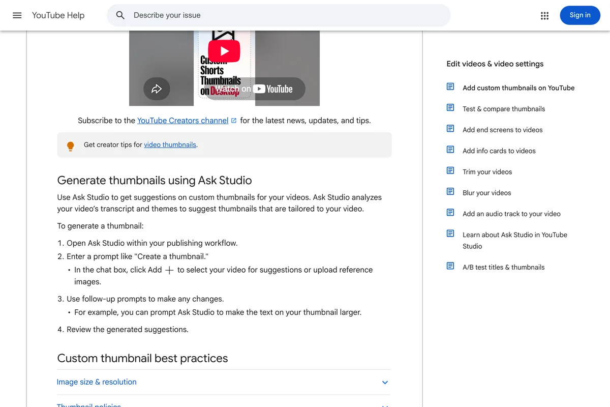 YouTube's help page section Generate thumbnails using Ask Studio, describing how Ask Studio analyzes a video's transcript and themes to suggest thumbnails