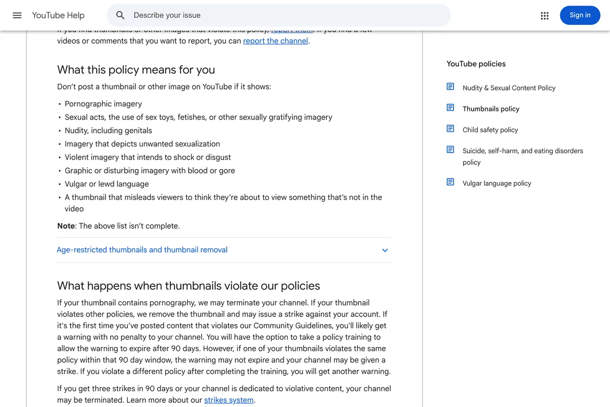 YouTube's Thumbnails policy help page, listing what not to post in a thumbnail, ending with a thumbnail that misleads viewers to think they're about to view something that's not in the video