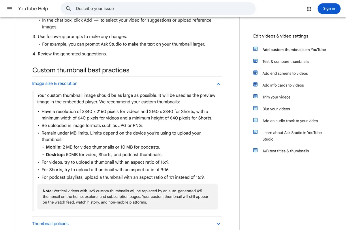 YouTube's help page section Image size and resolution: a resolution of 3840 x 2160 for videos, a minimum width of 640, JPG or PNG, 2 MB on mobile and 50MB on desktop, and an aspect ratio of 16:9