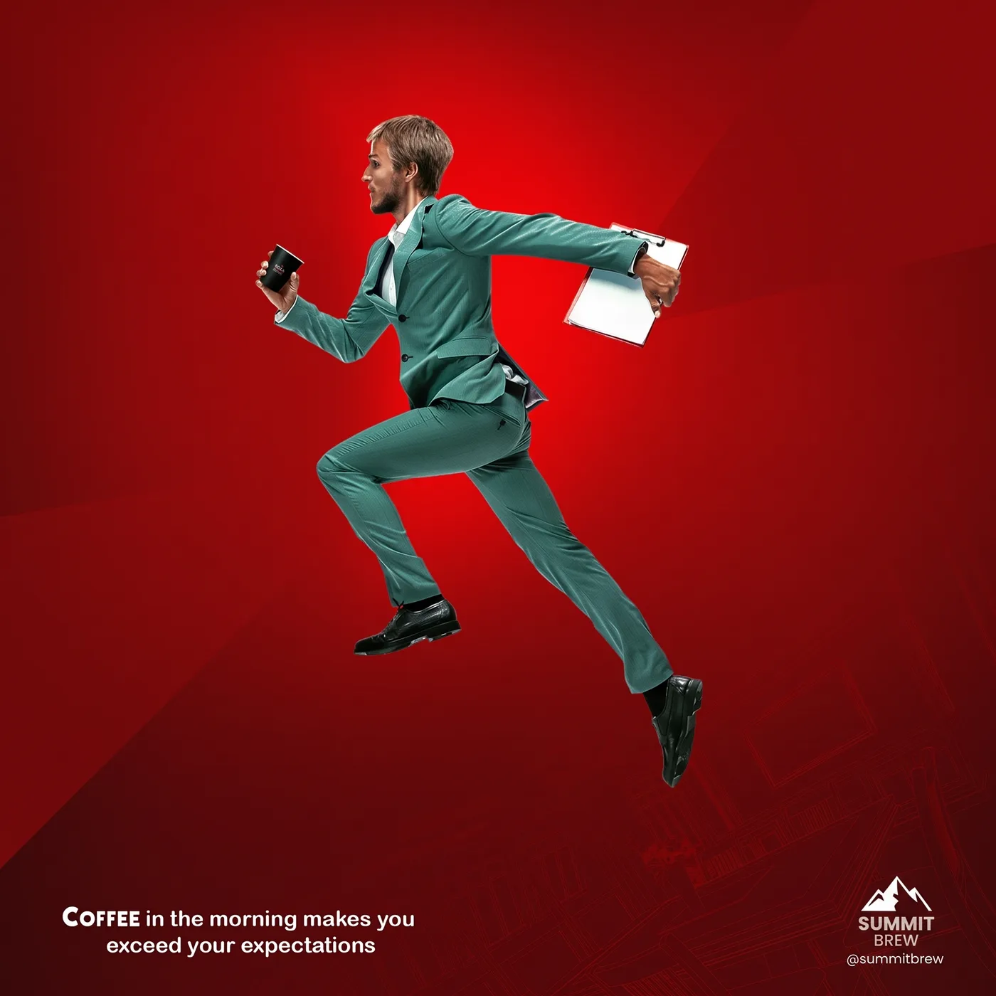 A finished coffee brand post on a red background showing a man in a green suit running with a coffee in one hand and papers in the other, captioned Coffee in the morning makes you exceed your expectations