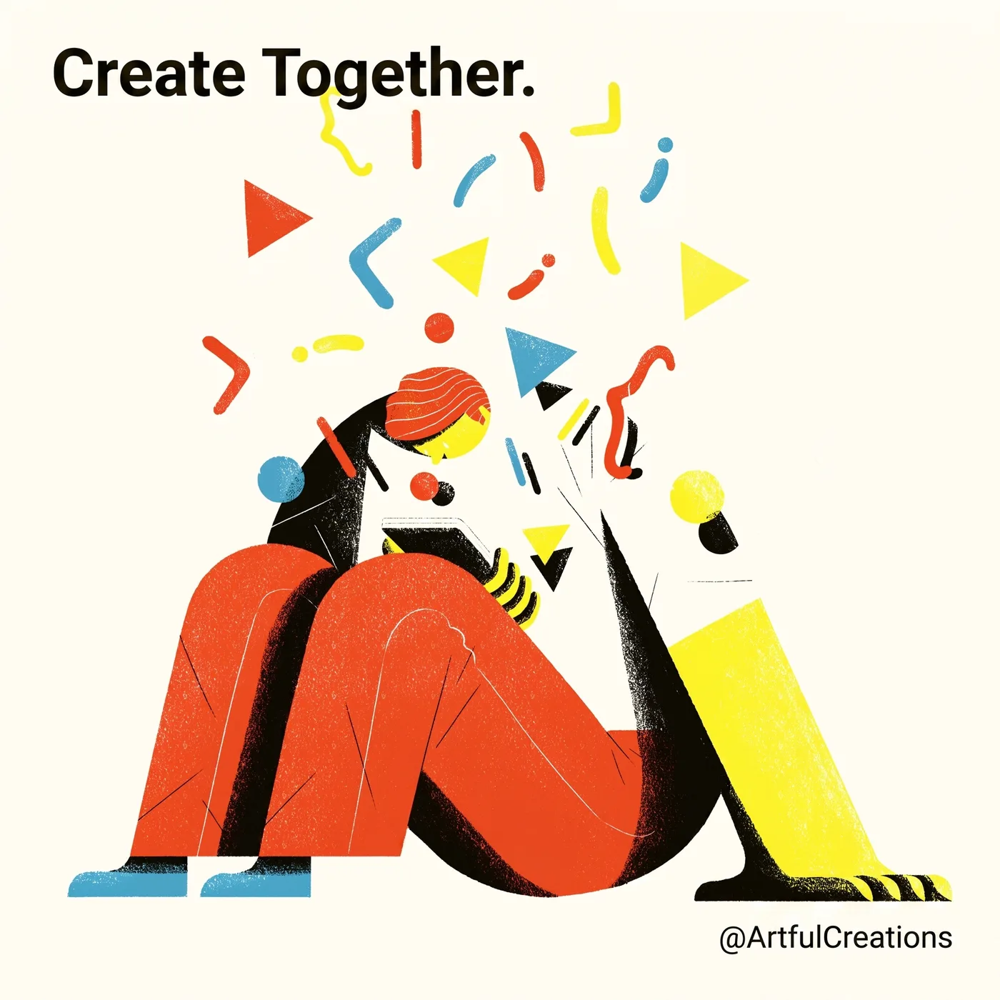 A finished illustrated post from our gallery: a figure in red sitting with a phone under a burst of coloured shapes, headlined Create Together